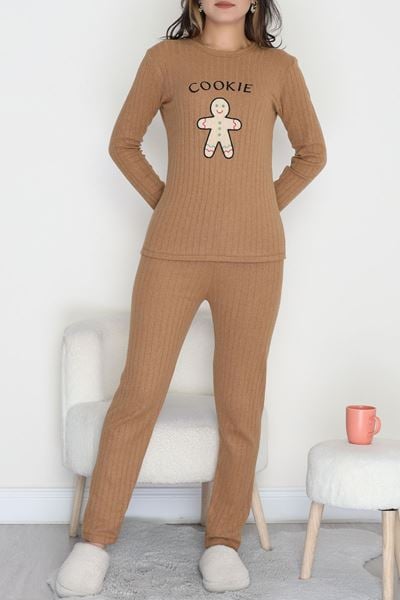 Nakışlı İnterlok Pijama Takımı Kahvekurabiye - 800.1287.