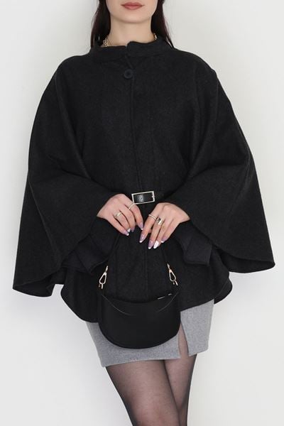 Kaşe Kumaş Kemer Detaylı Panço Füme - 31575.1775.