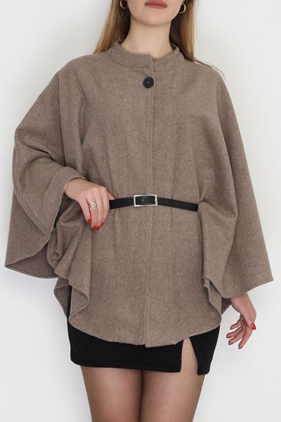 Kaşe Kumaş Kemer Detaylı Panço Vizon - 31575.1775.