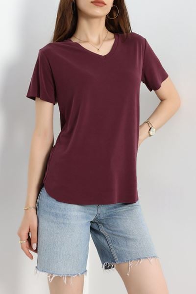 Modal Süprem V Yaka Tişört Bordo - 90062.1758.