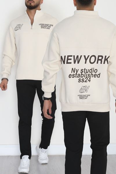 3 İplik Şardonlu Baskılı Erkek Sweat Ekru1 - 31610.1872.