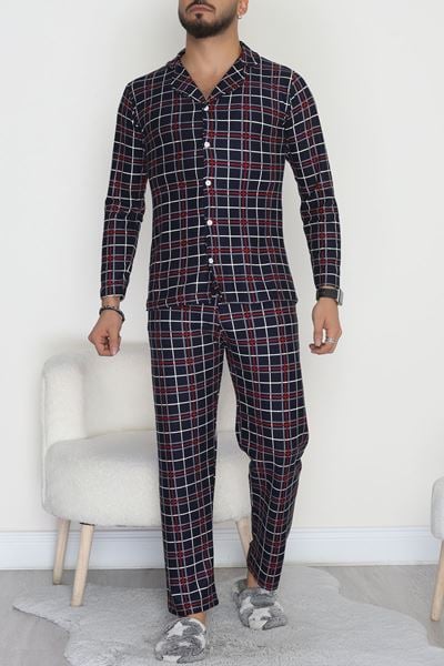Önü Düğmeli Süet Erkek Pijama Takımı Lacivertkırmızı - 42662.2028.