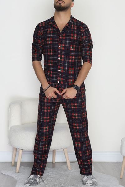 Önü Düğmeli Süet Erkek Pijama Takımı Lacikırmızı - 42662.2028.
