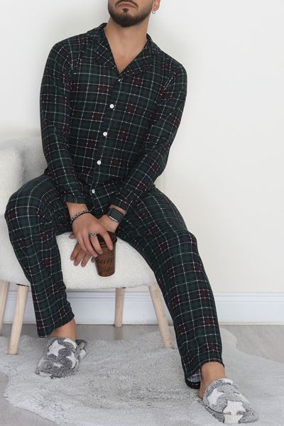 Önü Düğmeli Süet Erkek Pijama Takımı Zümrüt - 42662.2028.