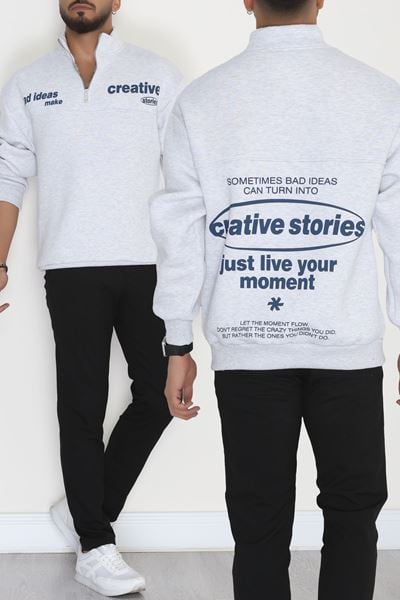 3 İplik Şardonlu Baskılı Erkek Sweat Gri - 31610.1872.