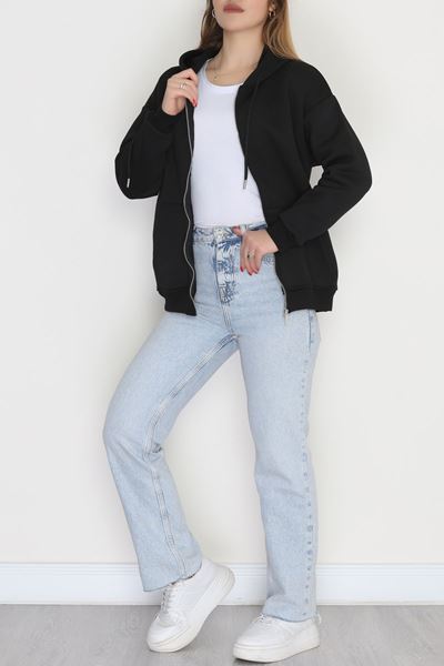 3 İplik Şardonlu Fermuarlı Kapşonlu Sweat Siyah - 52070.2113.