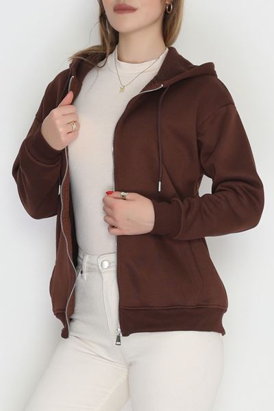 3 İplik Şardonlu Fermuarlı Kapşonlu Sweat Kahve - 52070.2113.
