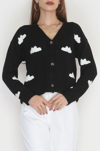 Şardonlu Düğmeli Hırka Siyahtaş - 31059.1766.