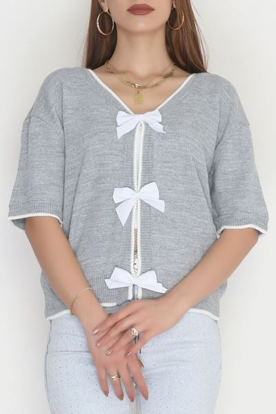 Kısa Kollu Fiyonklu Triko Gri - 2281.1765.