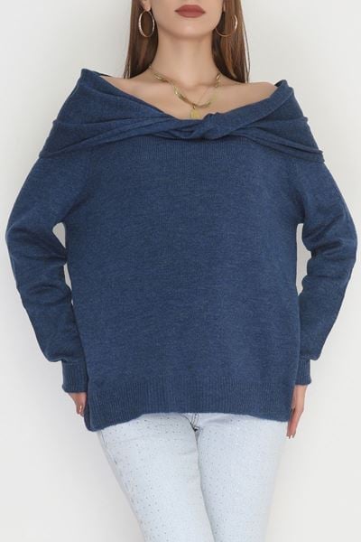 Madonna Yaka Önü Düğümlü Triko İndigo - 2432.1765.