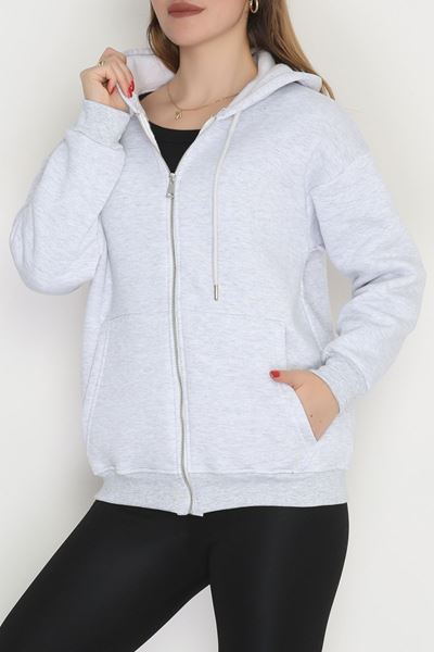 3 İplik Şardonlu Fermuarlı Kapşonlu Sweat Gri - 52070.2113.