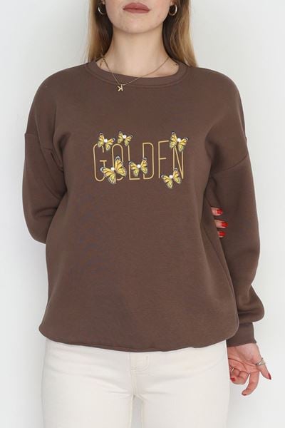 3 İplik Şardonlu Baskılı Taşlı Sweat Kahvesarı - 42604.1878.