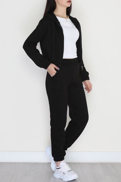 3 İplik Crop Eşofman Takımı Siyah - 50913.1878.