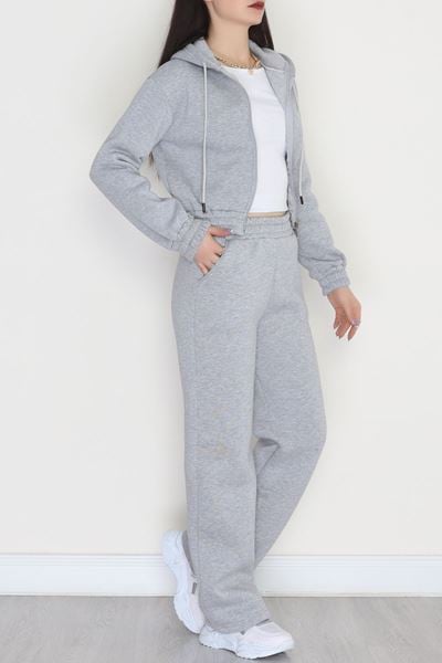 3 İplik Crop Palazzo Eşofman Takımı Gri - 50914.1878.