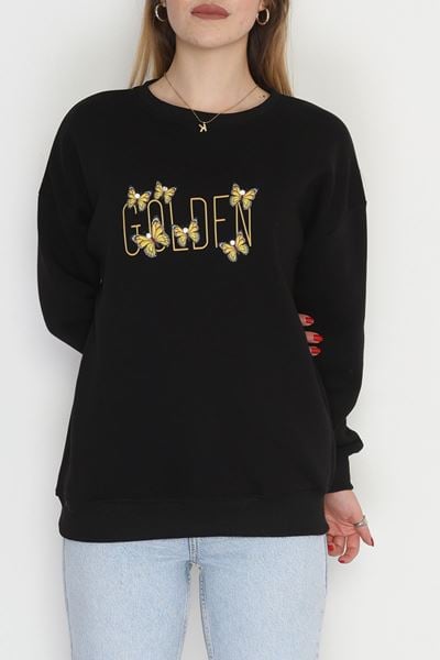 3 İplik Şardonlu Baskılı Taşlı Sweat Siyahsarı - 42604.1878.