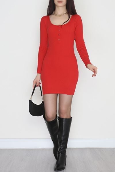 Düğmeli Kaşkorse Elbise Kırmızı - 70710.1748.