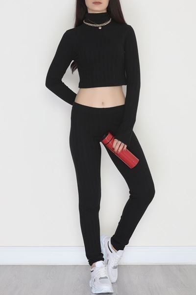 Parmak Geçmeli Yarım Dik Yaka Likralı Raporlu İnterlok Takım Siyah - 90968.1748.