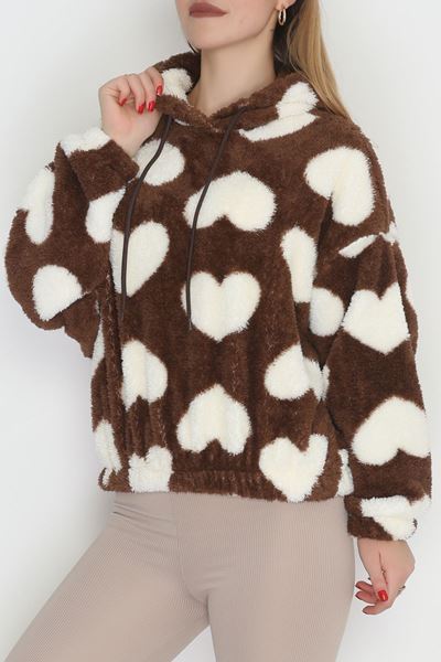 Welsoft Kumaş Kalpli Kapşonlu Crop Sweat Kahvebeyaz - 31607.308.