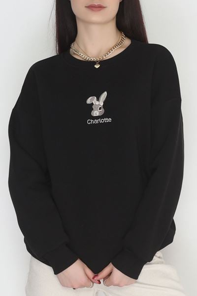 3 İplik Şardonlu Nakışlı Sweat Siyah - 42608.1878.