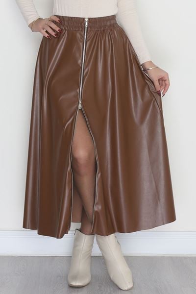 Suni Deri Önden Fermuarlı Uzun Kloş Etek Kahve - 80897.701.