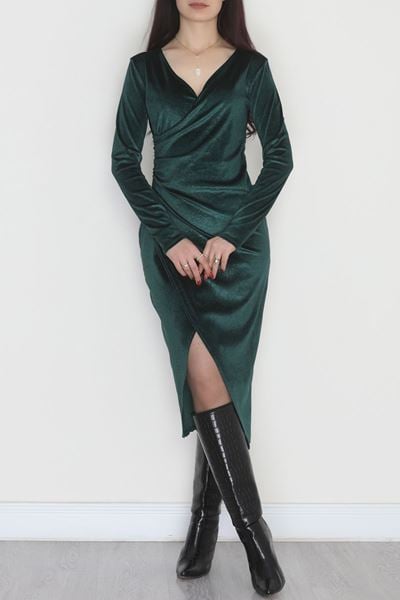 Drapeli Simli Kadife Elbise Zümrüt - 581892.1592.