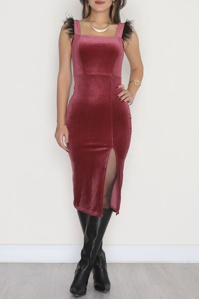 Omuzları Tül Detaylı Kadife Elbise Gülkurusu - 582248.1592.