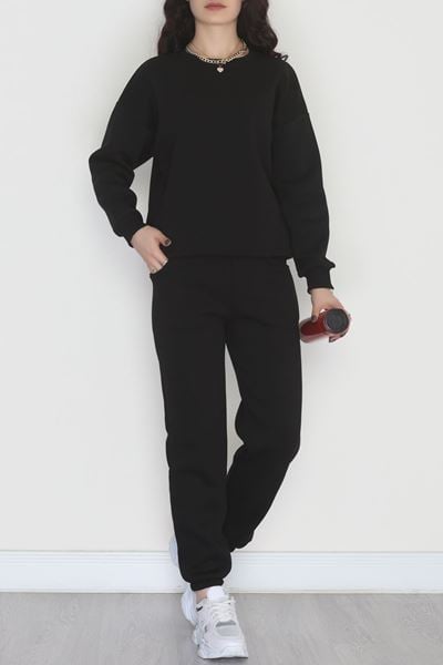 3 İplik Bisiklet Yaka Eşofman Takımı Siyah - 20779.1878.