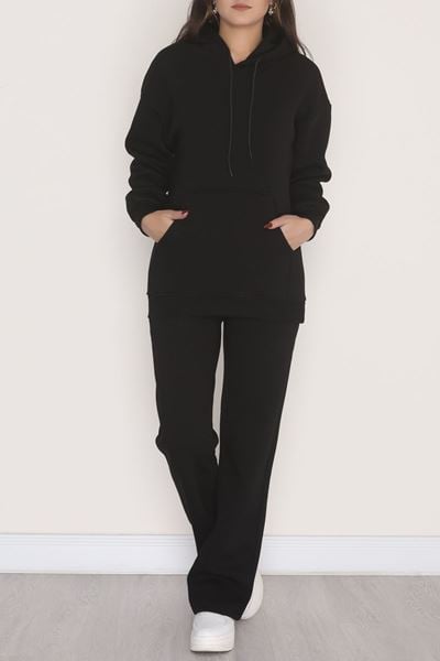 Üç İplik Kanguru Cep Eşofman Takımı Siyah - 70777.1878.