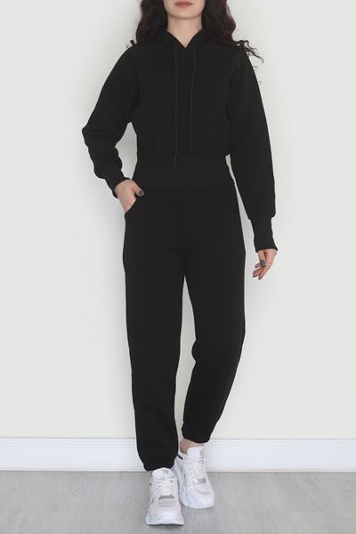 Üç İplik Crop Eşofman Takımı Siyah - 70778.1878.