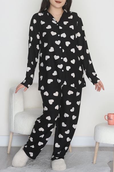 Büyük Beden Süet Düğmeli Pijama Takımı Siyahekru - 455.1287.
