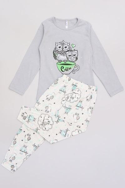 6-14 Yaş Baskılı Çocuk Pijama Takımı Griyeşil - 40101.1931.