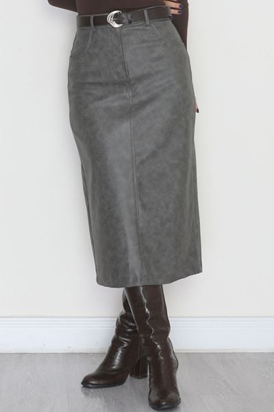 Yıkama Efektli Uzun Deri Etek Antrasit - 40906.444.