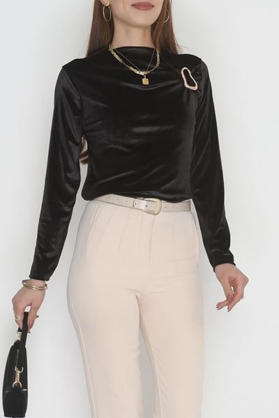 Toka Detaylı Kadife Bluz Siyah - 42665.1949.