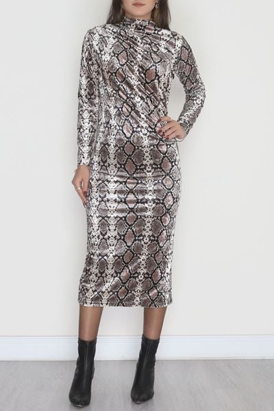 Dik Yaka Desenli Kadife Elbise Yılanderisi - 42668.1949.