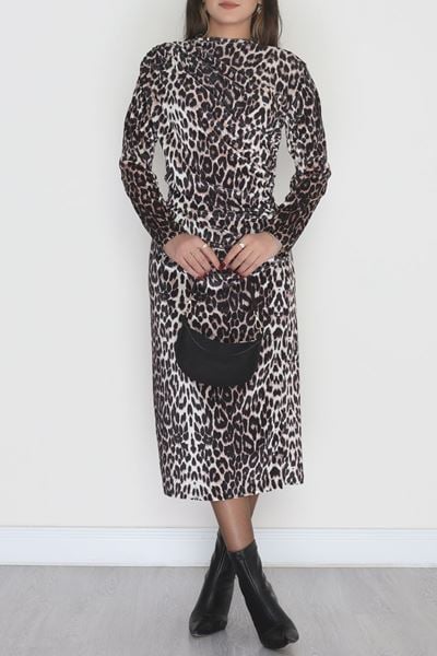 Dik Yaka Desenli Kadife Elbise Leopar - 42668.1949.