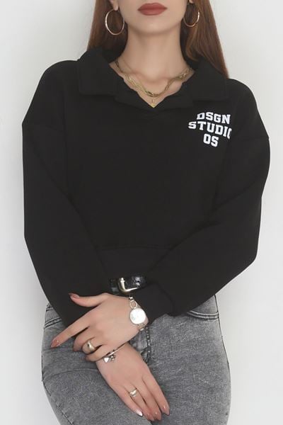 3 İplik Şardonlu Polo Yaka Baskılı Sweat Siyah - 42602.1878.