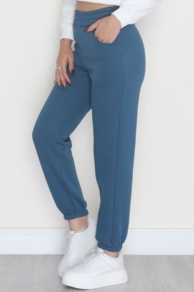 Lastikli 3 İplik Eşofman Altı Petrol - 20956.1878.