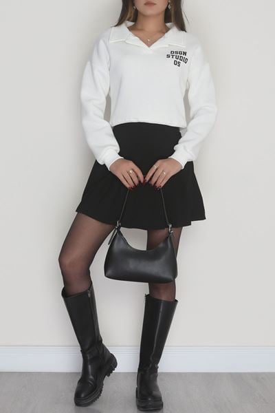 3 İplik Şardonlu Polo Yaka Baskılı Sweat Ekru - 42602.1878.