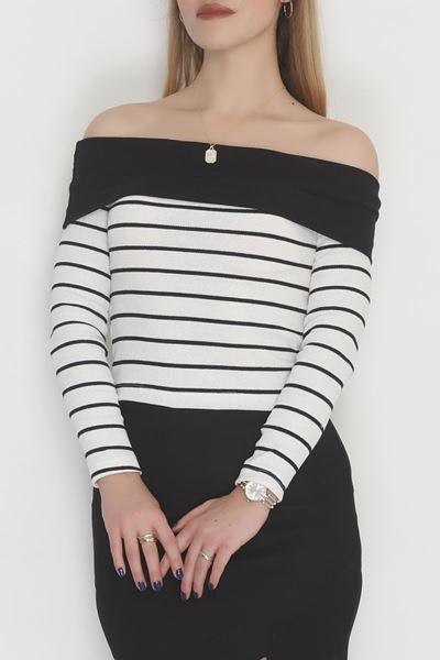 Çizgili Madonna Yaka Likralı Kaşkorse Bluz Beyaz - 42619.1748.