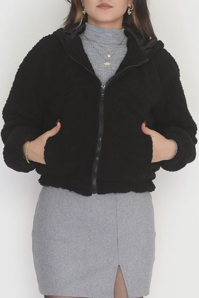 Kapşonlu Peluş Mont Siyah - 42445.1247.
