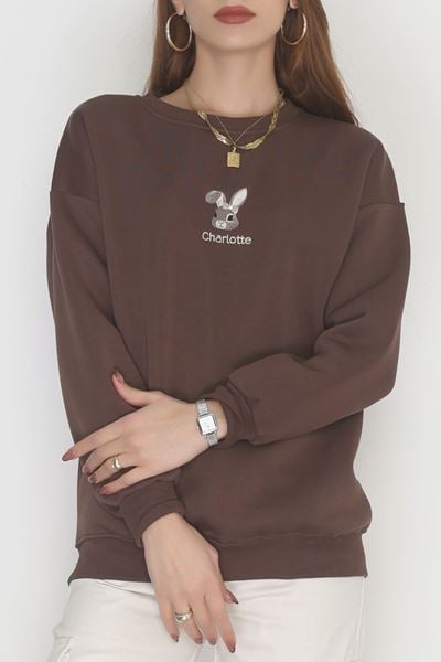 3 İplik Şardonlu Nakışlı Sweat Kahve - 42608.1878.