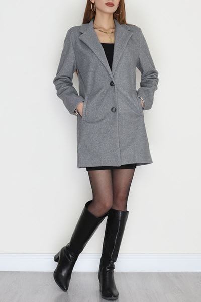 85 Cm Astarlı Kaşe Kaban Gri - 90037.1839.