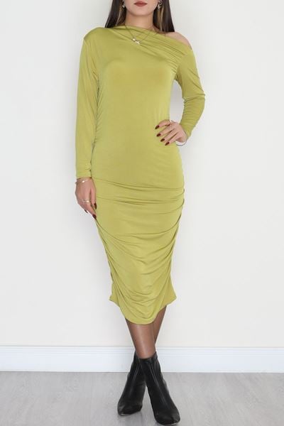 Asimetrik Yaka Sandy Elbise Yağyeşili - 42570.1949.