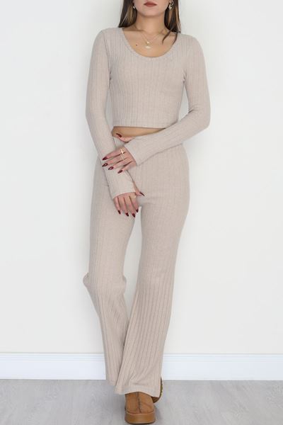 Parmak Geçmeli V Yaka İspanyol Pantolon Crop Takım Bej - 90960.1748.