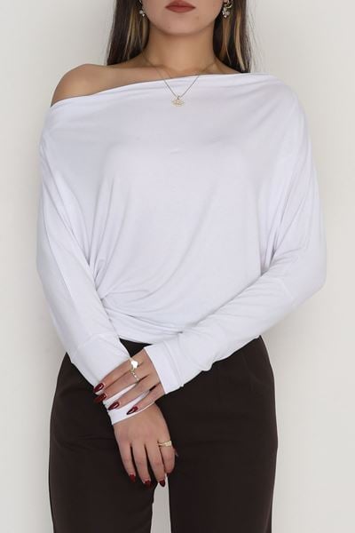 Omuz Düşümlü Asimetrik Bluz Beyaz - 22153.200.