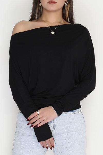 Omuz Düşümlü Asimetrik Bluz Siyah - 22153.200.