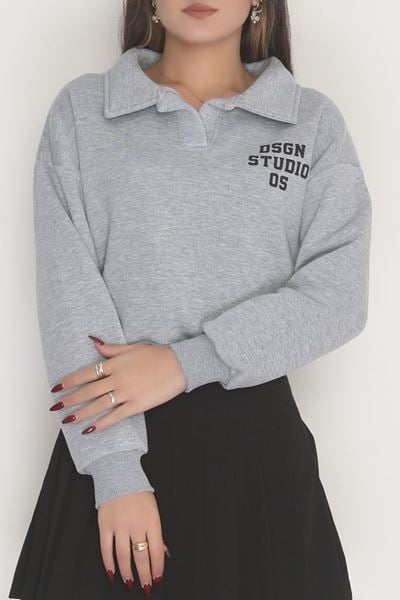 3 İplik Şardonlu Polo Yaka Baskılı Sweat Gri - 42602.1878.