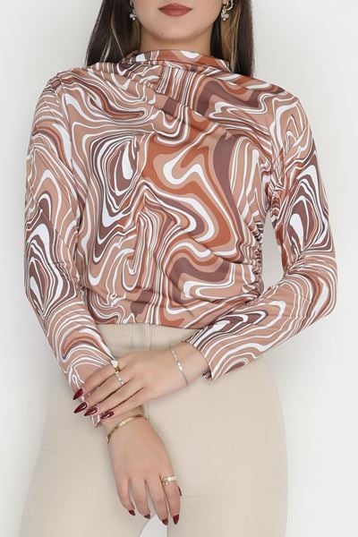 Desenli Dik Yaka Sandy Bluz Kahve - 70689.1949.