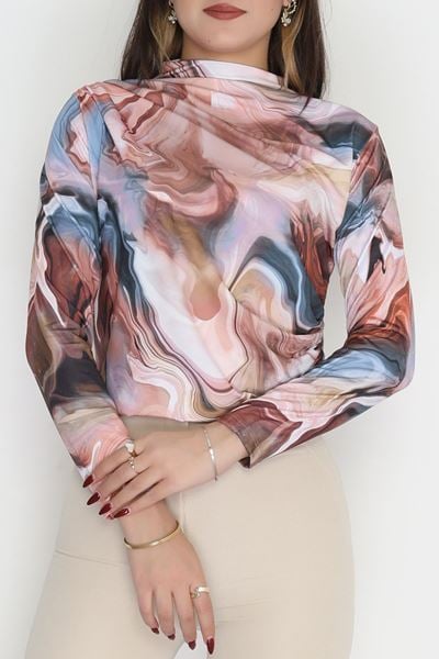 Desenli Dik Yaka Sandy Bluz Kahvemavi - 70752.1949.