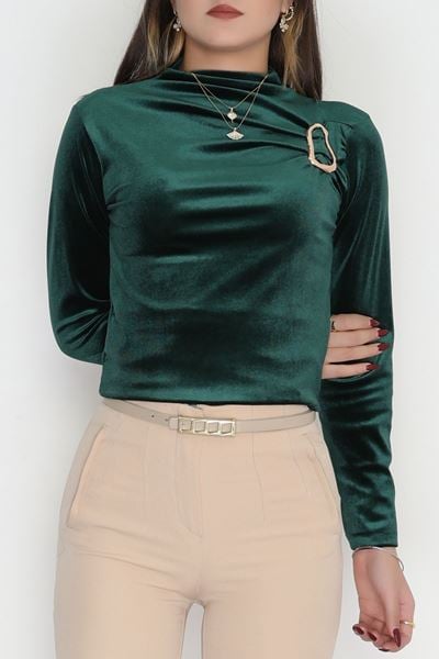 Toka Detaylı Kadife Bluz Zümrüt - 42665.1949.